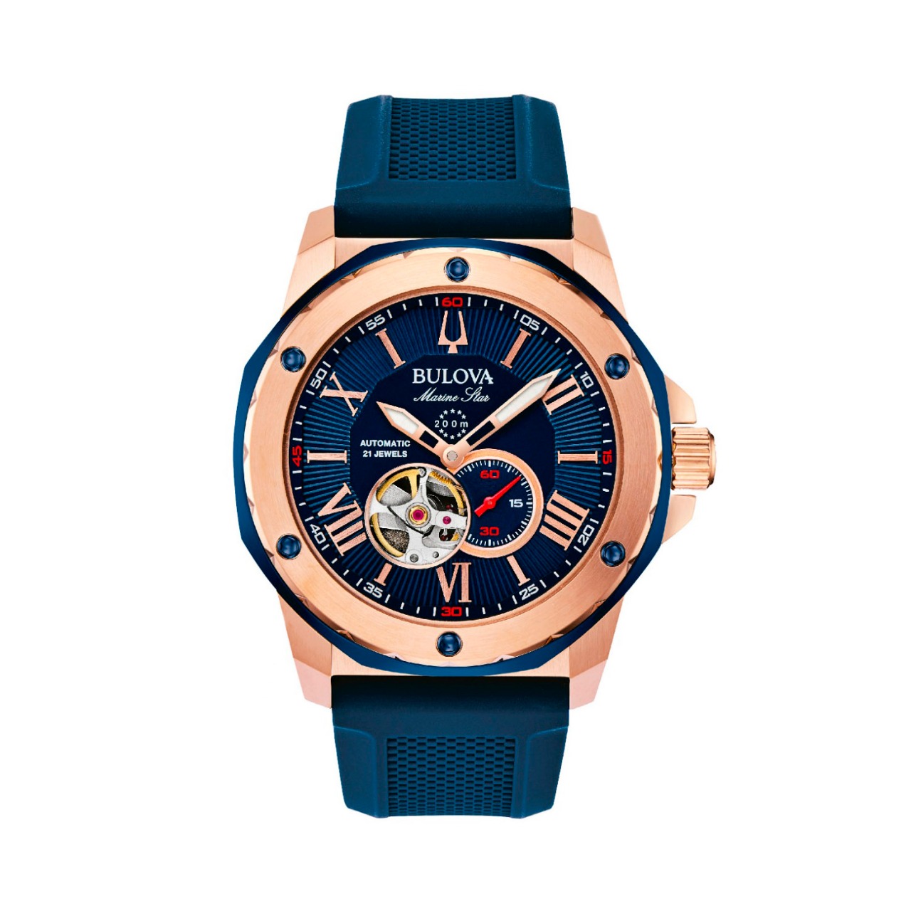 Relógio marca Bulova de tom azul com dourado.